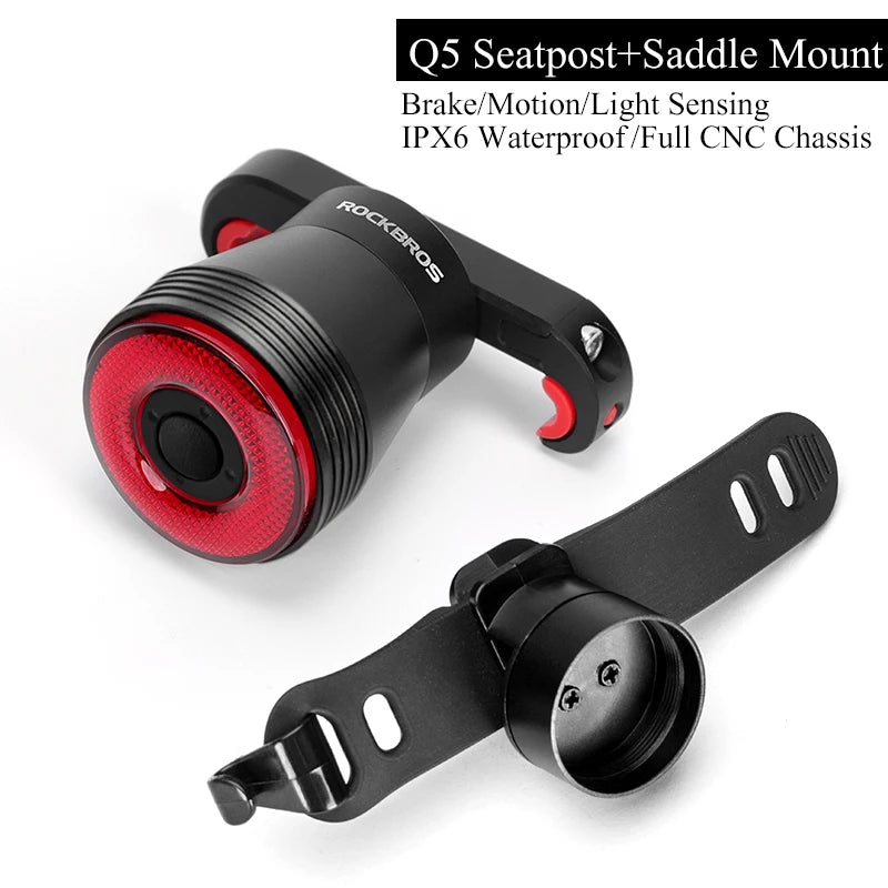 ROCKBROS Smart Bike Tail Light Type-C Rechargeable Ultra Bright Brake Sensing Bicycle IPX6 Rear Lamp Sense Flashlight Red Light