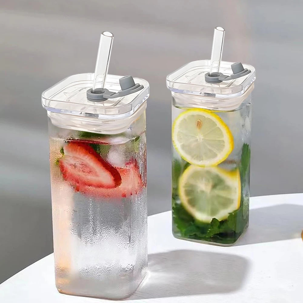 2Pcs Transparent Square Glass Cup with Lid and Straw Creative Hot and Cold Drink Glass Cup Home Bar Milk Juice Mug