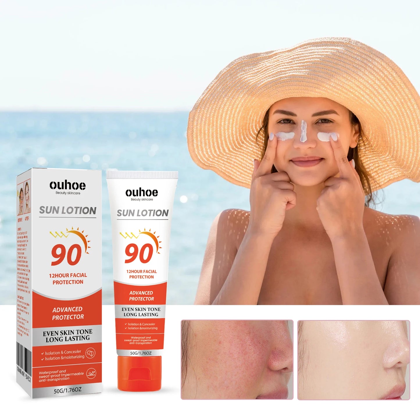 OUHOE Sun Lotion 12 Hour Facial Body Long Lasting Summer Outdoor Isolation Protection UV Refreshing Light Moisturizing Cream