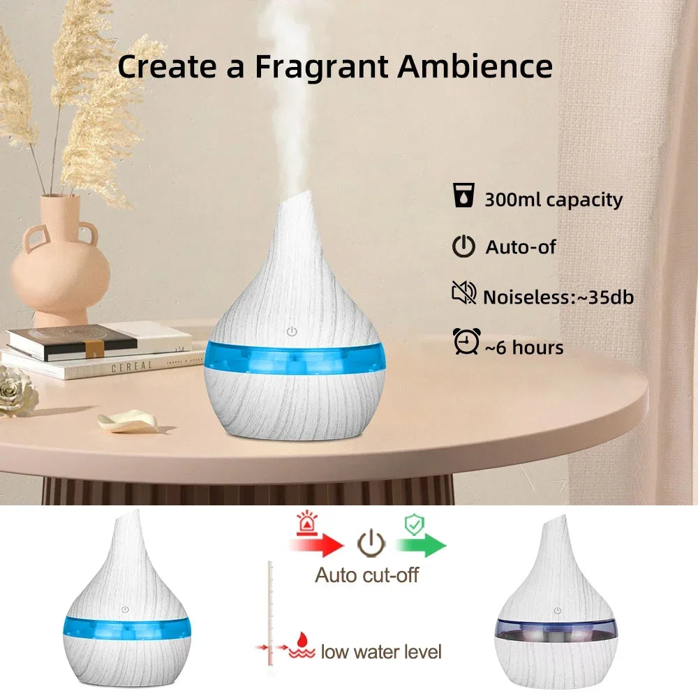 300ml Wood Grain Humidifier Diffuser USB, Essential Oil, 2 Aroma Oils