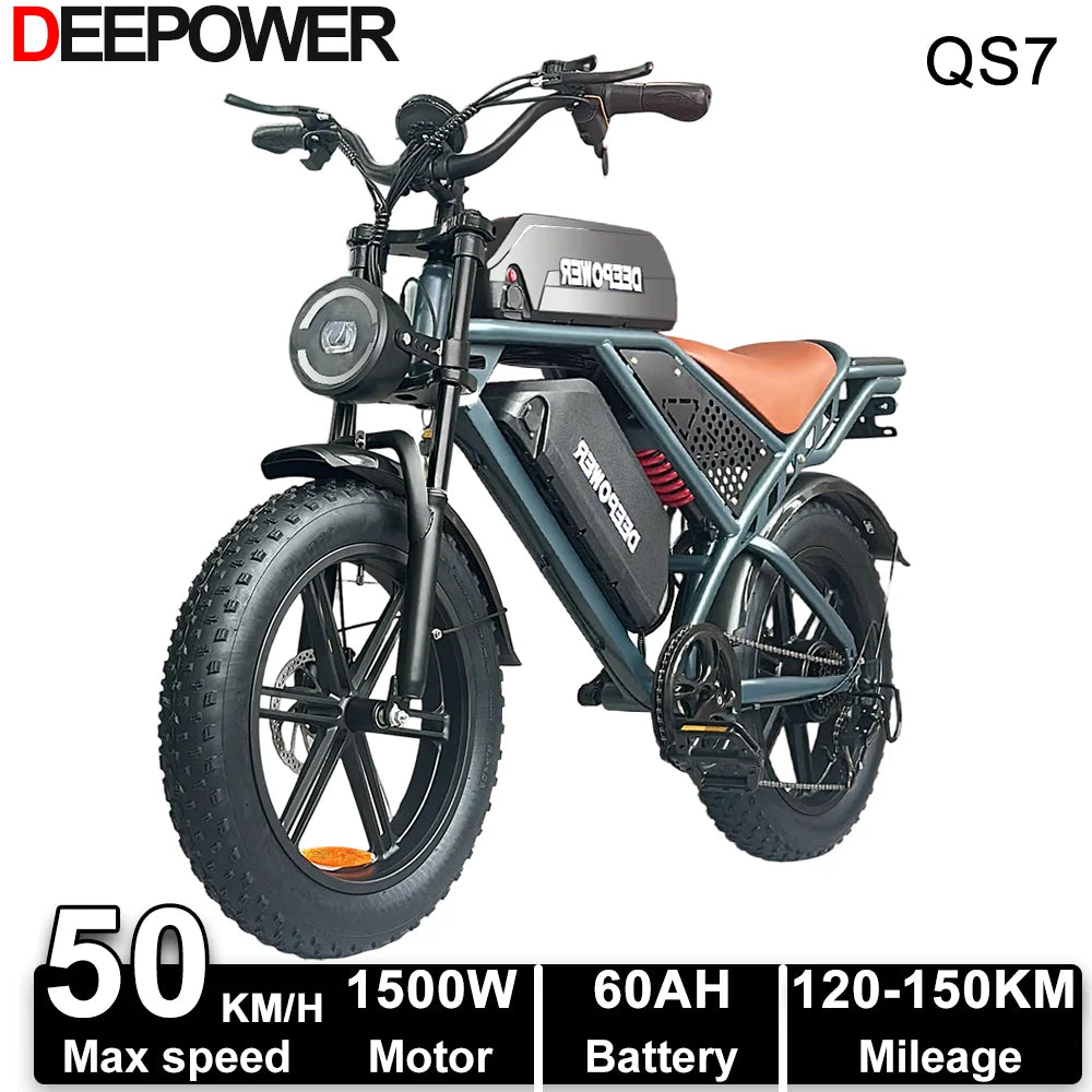 DEEPOWER QS7 Electric Bike 1500W 48V 60AH Adult Off-Road Electric Bicycle 20-inch Fat Tire Dual Battery All-Terrain Ebike