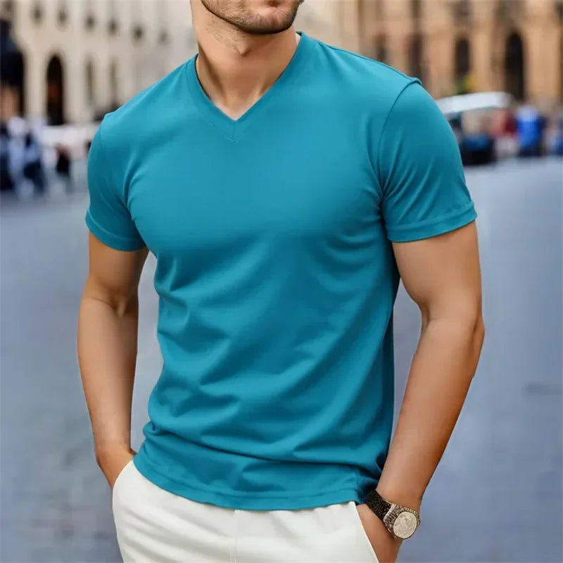 2025 New Men's Casual Fashion Simple V-neck Short Sleeved T-shirt Summer Comfortable Breathable Versatile Top