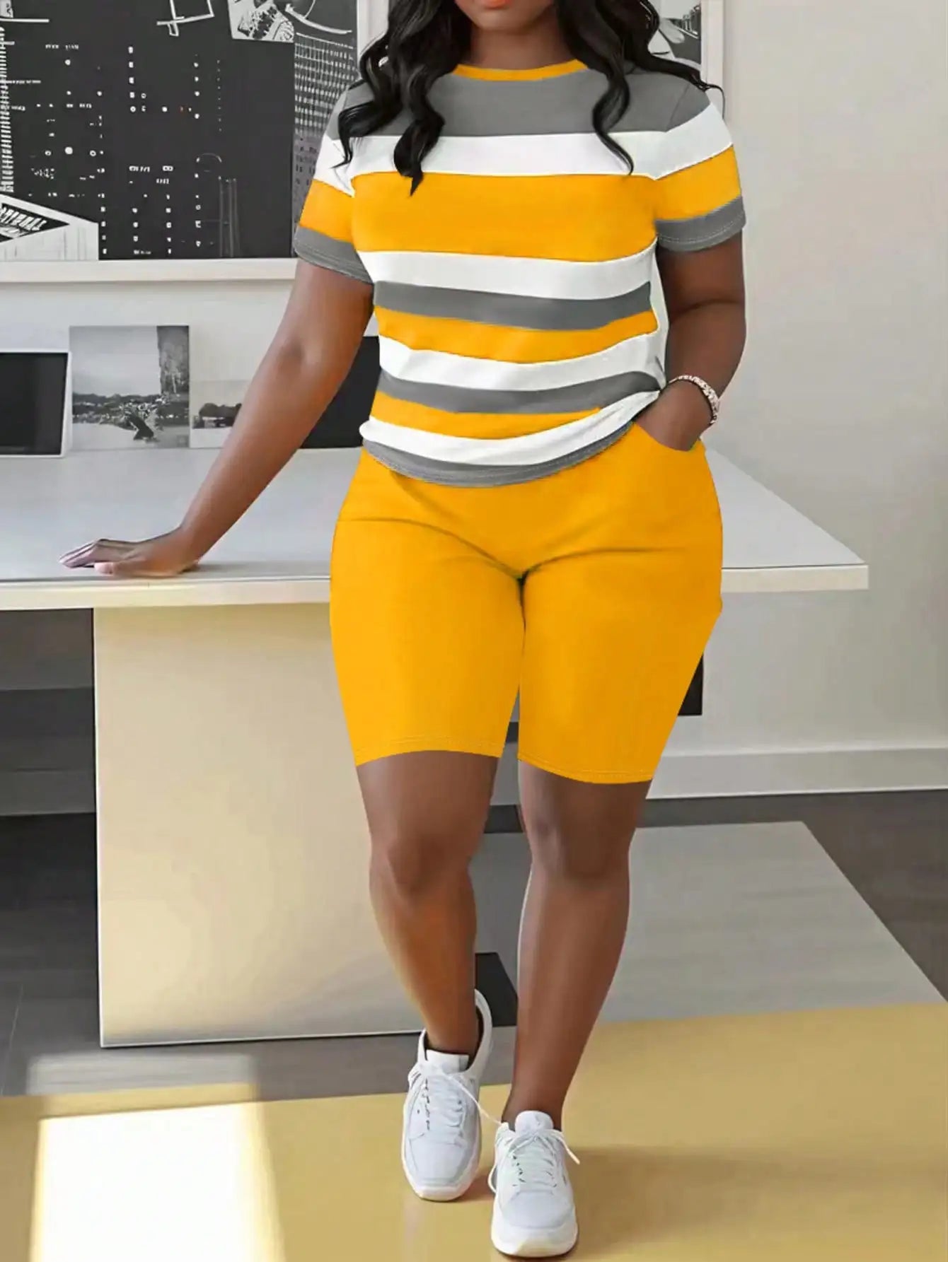 Plus Size Women's Striped Short Sleeve Top & Green Biker Shorts Set, Casual Summer Outfit