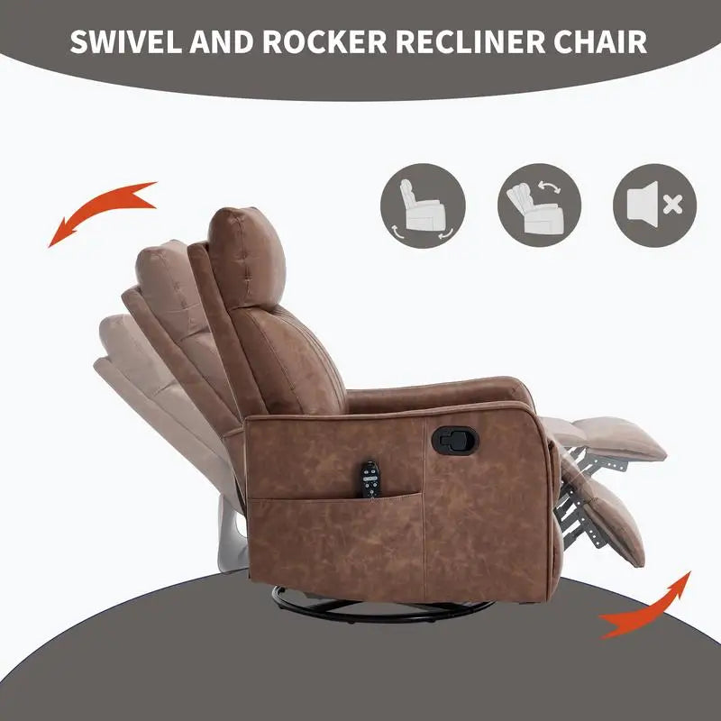 Brown Heat Massage Recliner Chair with Rocker and Swivel in Faux Leather for Living Room Relaxation