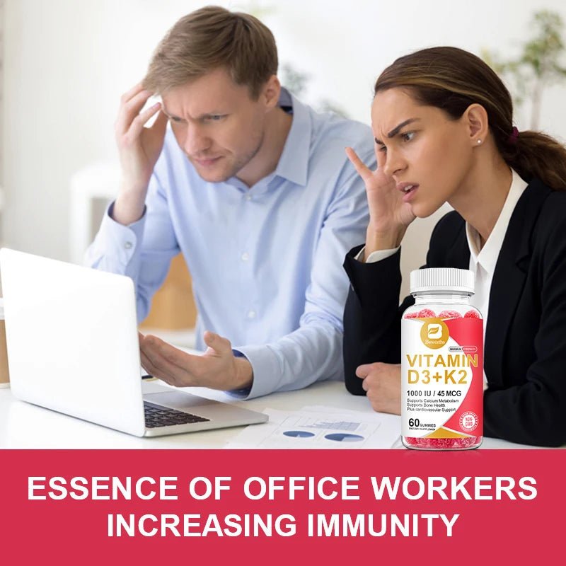 BEWORTHS 60PCS Vitamin D3+K2 Gummies 1000 IU Vitamin D3 + 45 Mcg Vitamin K2 for Bone Health Promotes Healthy Muscle Function