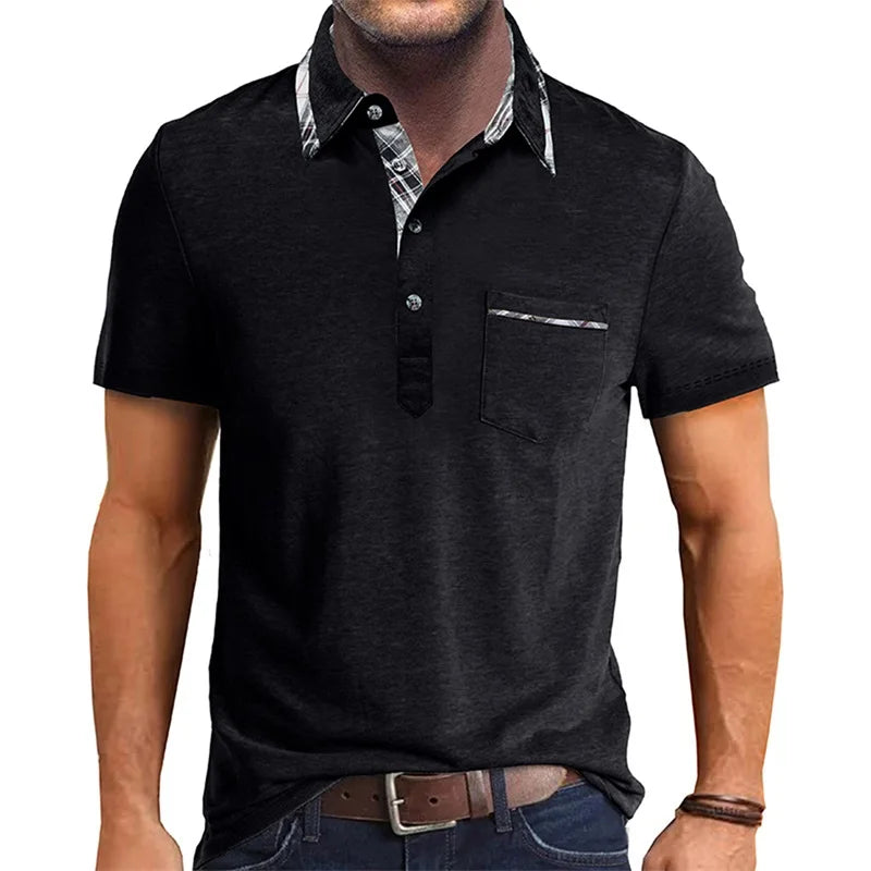 Men Short Sleeve T-Shirts Contrast Plaid Turn-Down Collar Buttons Business Casual Tops Summer Fashion Fit Shirts