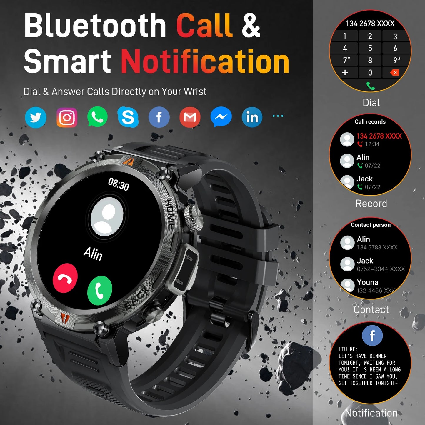 LaNikar KE3 Black Bluetooth Call Smart Watch Men Full Touch Screen Health Monitor With Flashlight Men SmartWatch For ios Androi