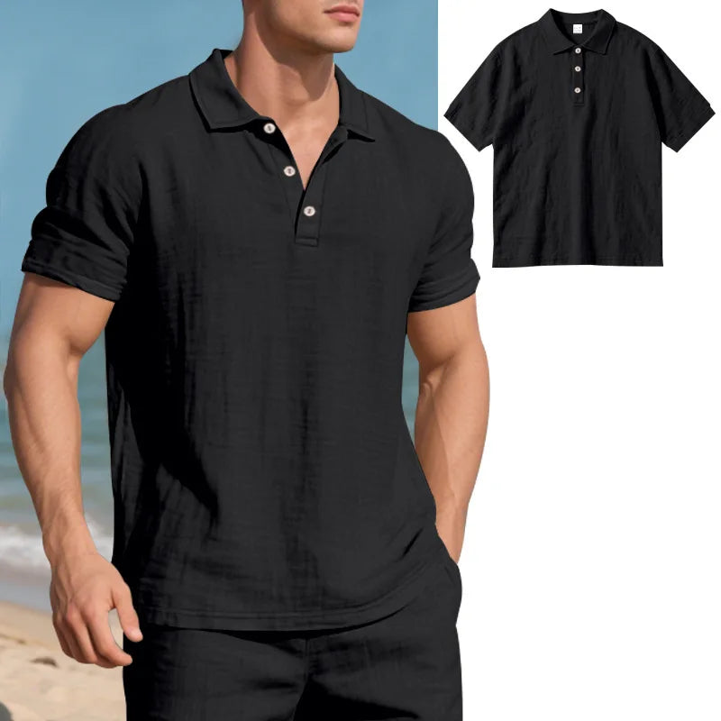 Men s Casual Short Sleeve Linen Shirt with Lapel Collar and Button Detail - Lightweight Summer Top for a Stylish Look