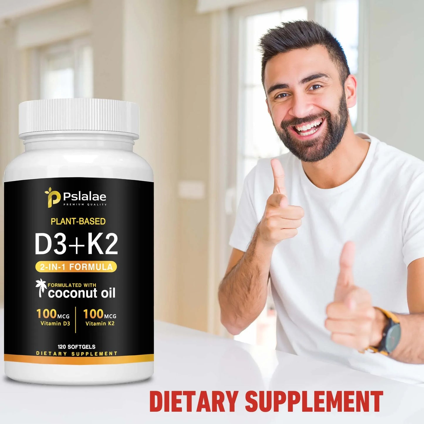 Vitamin K2+D3 - Supports Calcium, Bone and Immune Health - with Natural Organic Coconut Oil - 120 Capsules