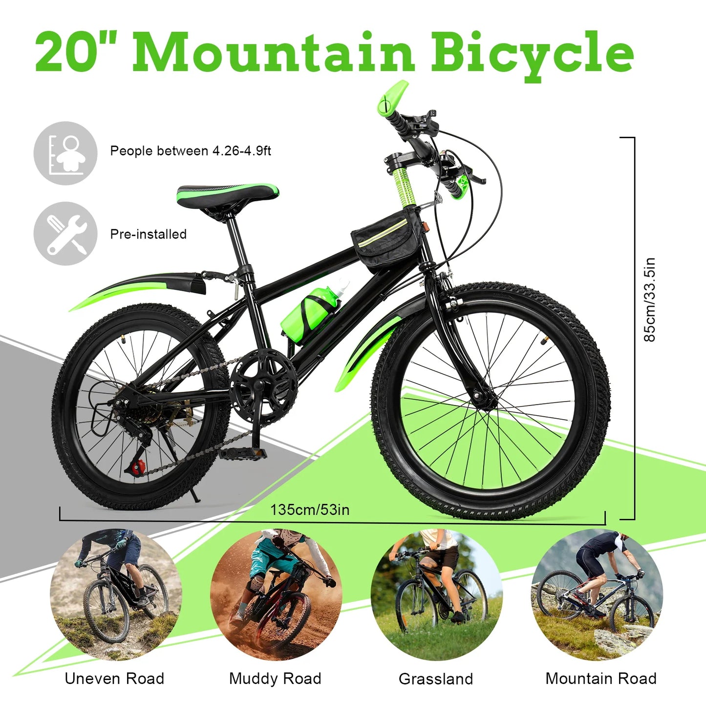 20Inch Mountain Bicycle for Children, 7 Speeds Kids Bicycle, Unisex Children's Bicycle, Height Adjustable Boys Girls Riding Bike