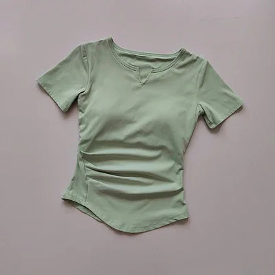 V-neck Tie Breast Pad Yoga Suit Short Sleeve Women's Gym Summer Slim Training Fitness Top Quick Dry Running T-shirt Clothing