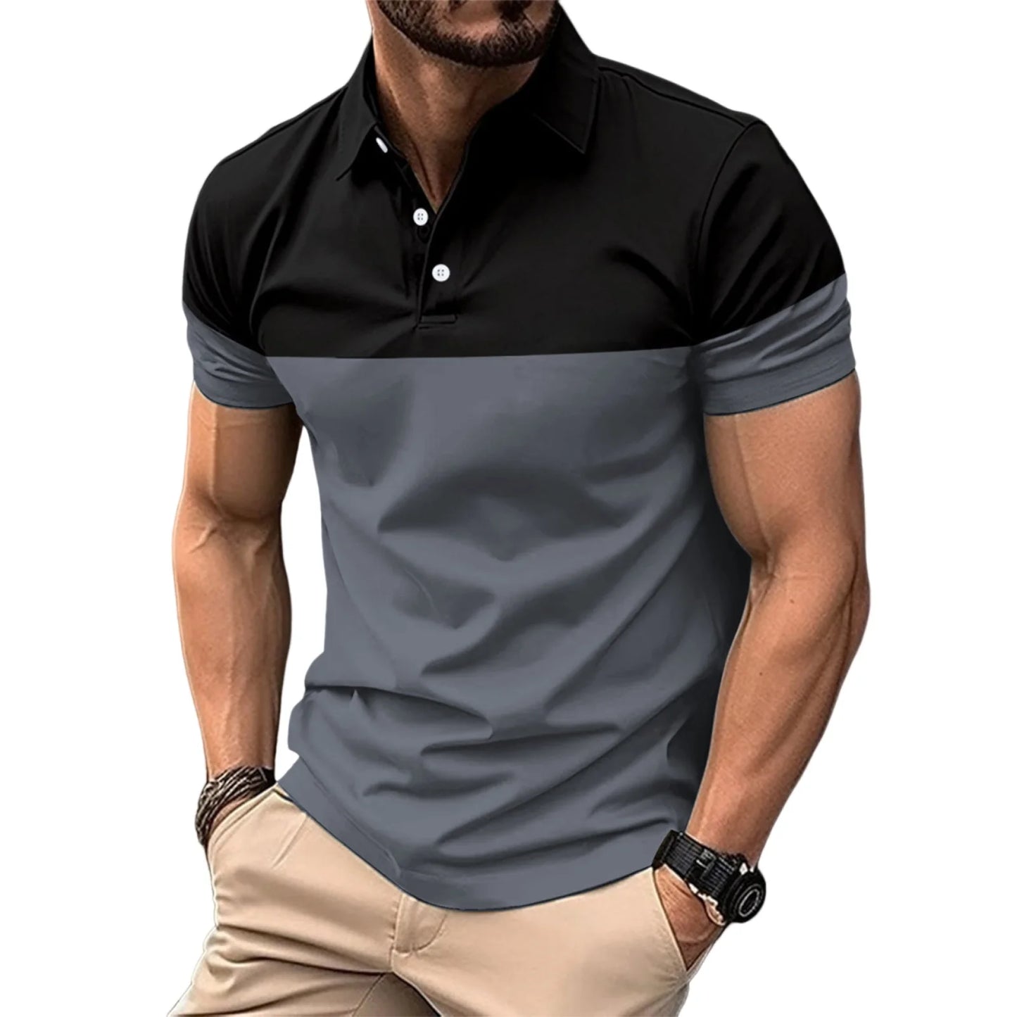 Casual Men s V Neck T-Shirt with Button Lapel and Stylish Contrast Color Design Perfect for Summer Outfits