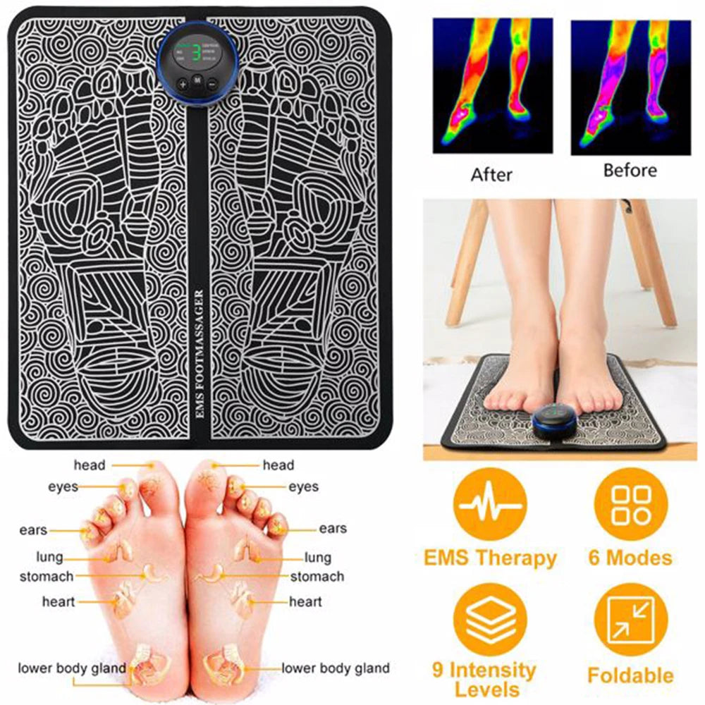 EMS Foot Massage Pad 6 Modes 9 Levels Electric Stimulator Massager Unit Rechargeable Leg Reshaping Muscle Pain Relax Massage Mat