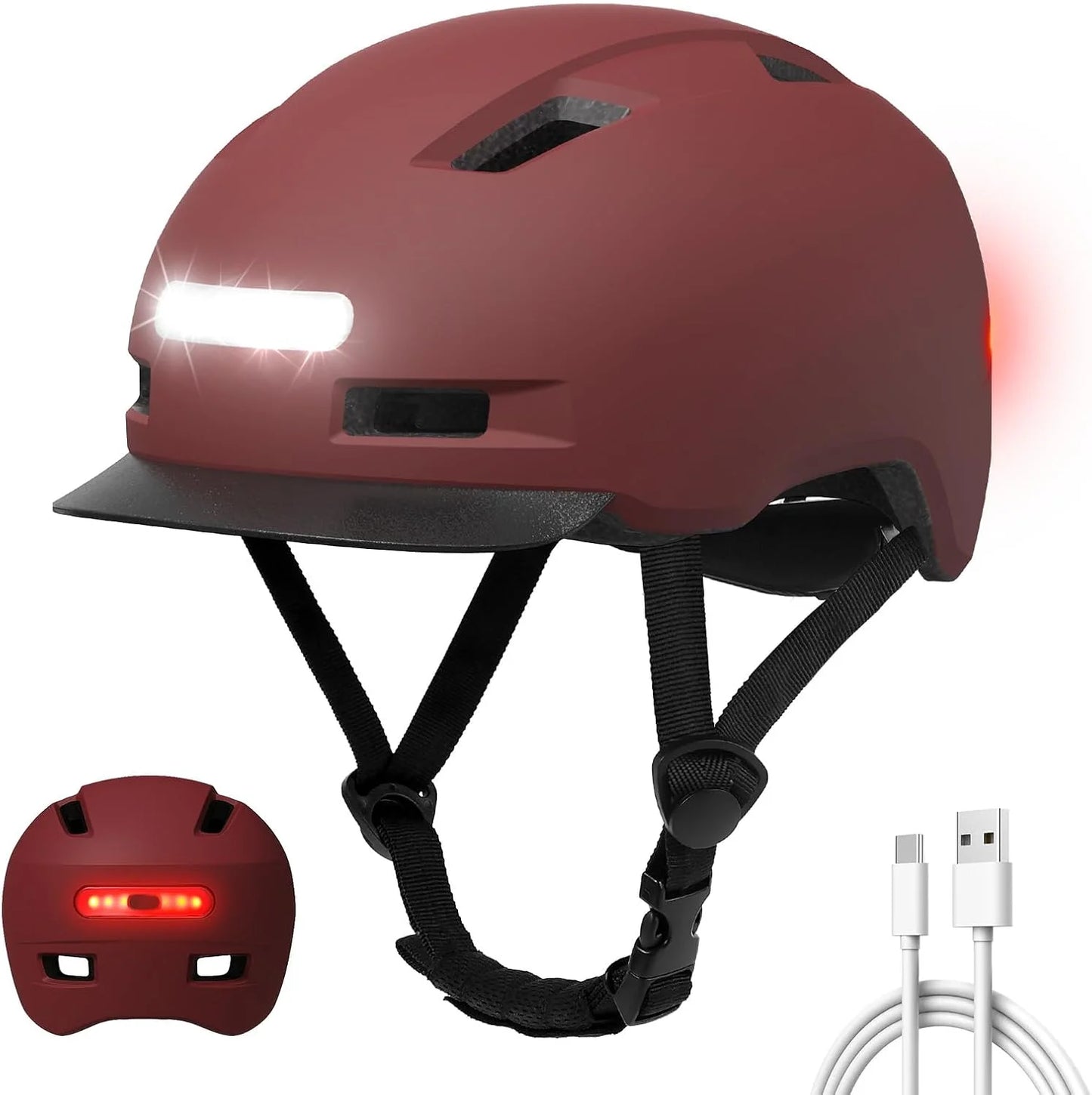 5types of male and female bicycle helmets with USB lights and sun visors including adult helmets for mountain racing skateboardi