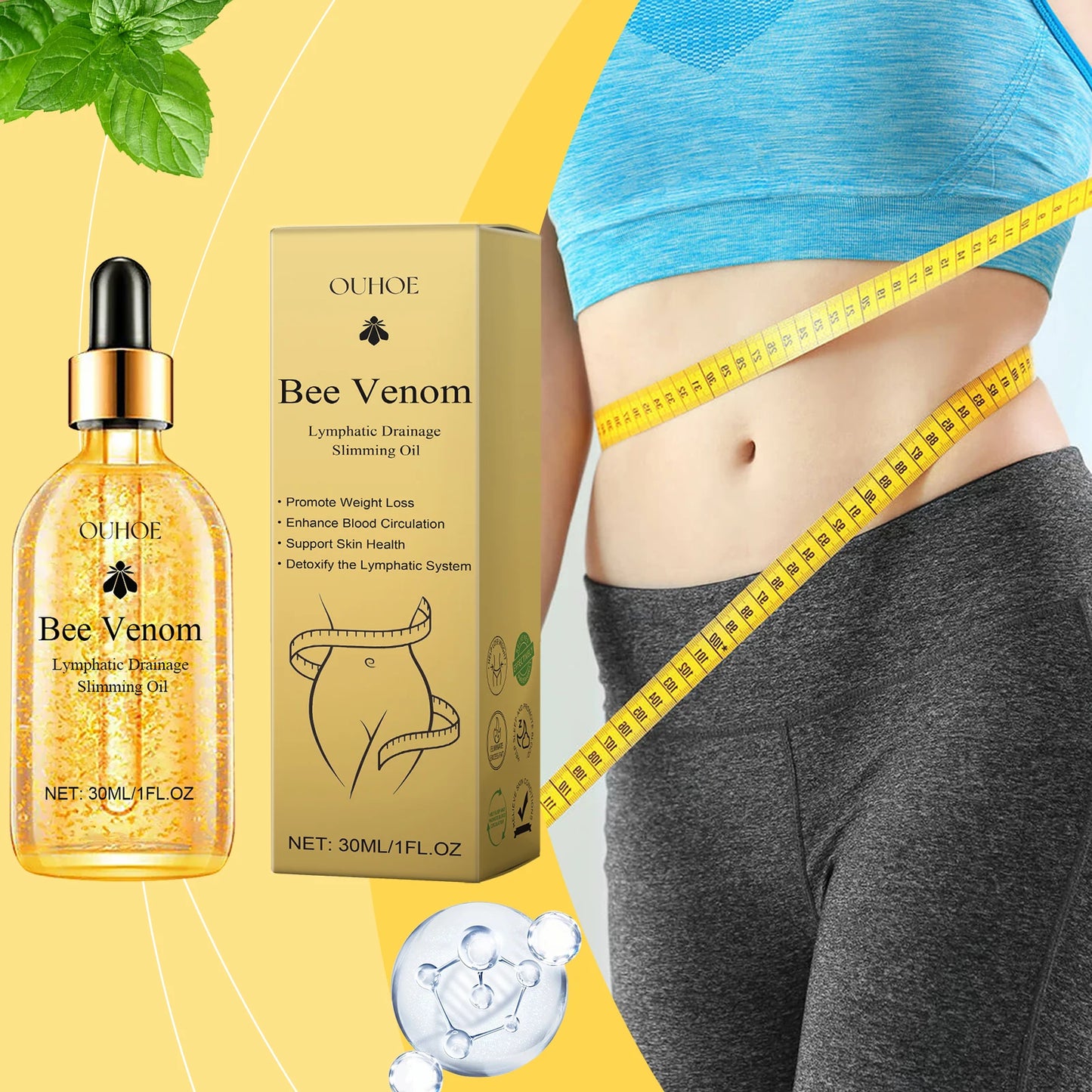 30ml Ouhoe Bee Venom Lymphatic Fat Reduce Body Shaping Oil Detoxification Swell Reduction Tighten Enhance Abdominal Fat Oil