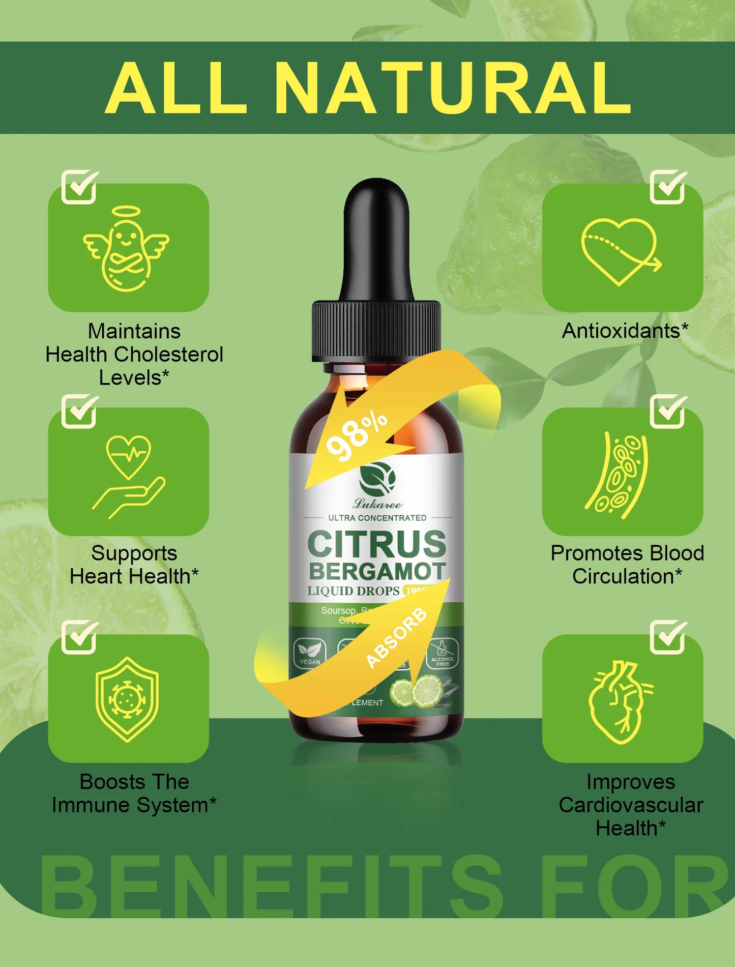 Citrus Bergamot Liquid Drops Natural Supplement with Soursop,Red Yeast Rice,Olive Leaf, High Absorption Support Overall Wellness