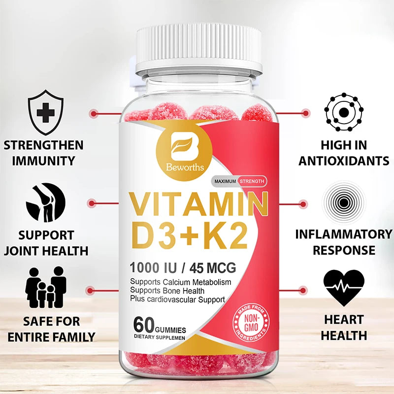 BEWORTHS 60PCS Vitamin D3+K2 Gummies 1000 IU Vitamin D3 + 45 Mcg Vitamin K2 for Bone Health Promotes Healthy Muscle Function
