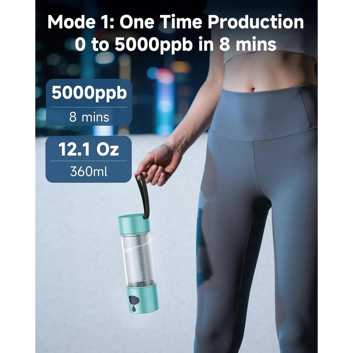 Hydrogen Water Bottle - 5000 PPB in 8 Minutes, Cyclic Mode for 8 Hours, Self Clean, Aluminum & Glass, 360ml Capacity, for Travel