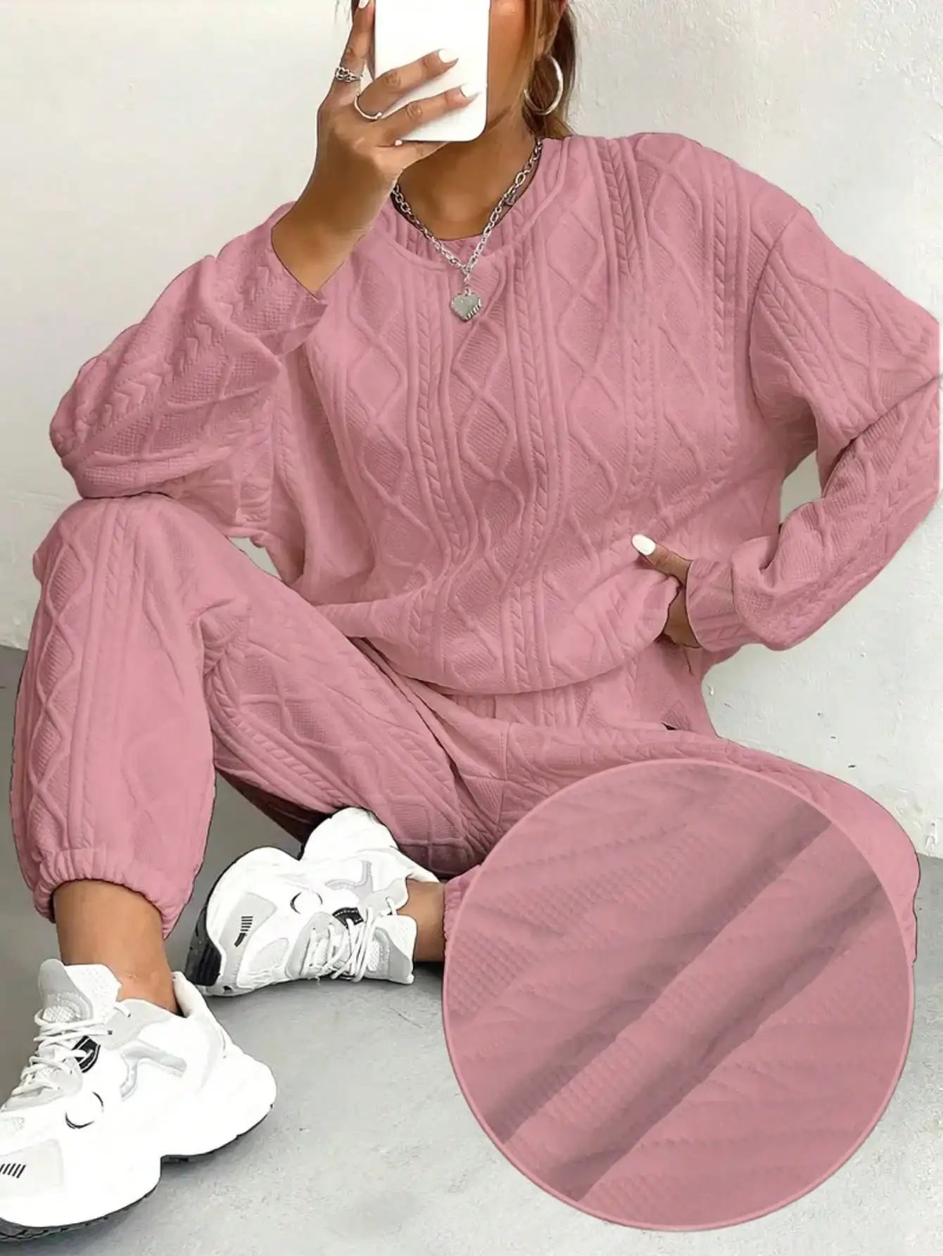 Mint Green Textured Knit Pullover Set with Loose Fit for Women, Casual Comfort Wear