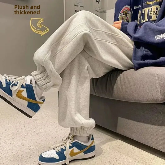 Men's Loose Fit Fleece Lined Drawstring Trousers Autumn Winter New Style Casual Sports Pants Warm American Style Loose Sweatpant