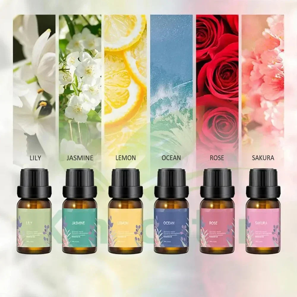 6-Piece Luxury Essential Oil Kit for Diffusers - Lily, Jasmine, Lemon, Ocean, Rose, Sakura Scents