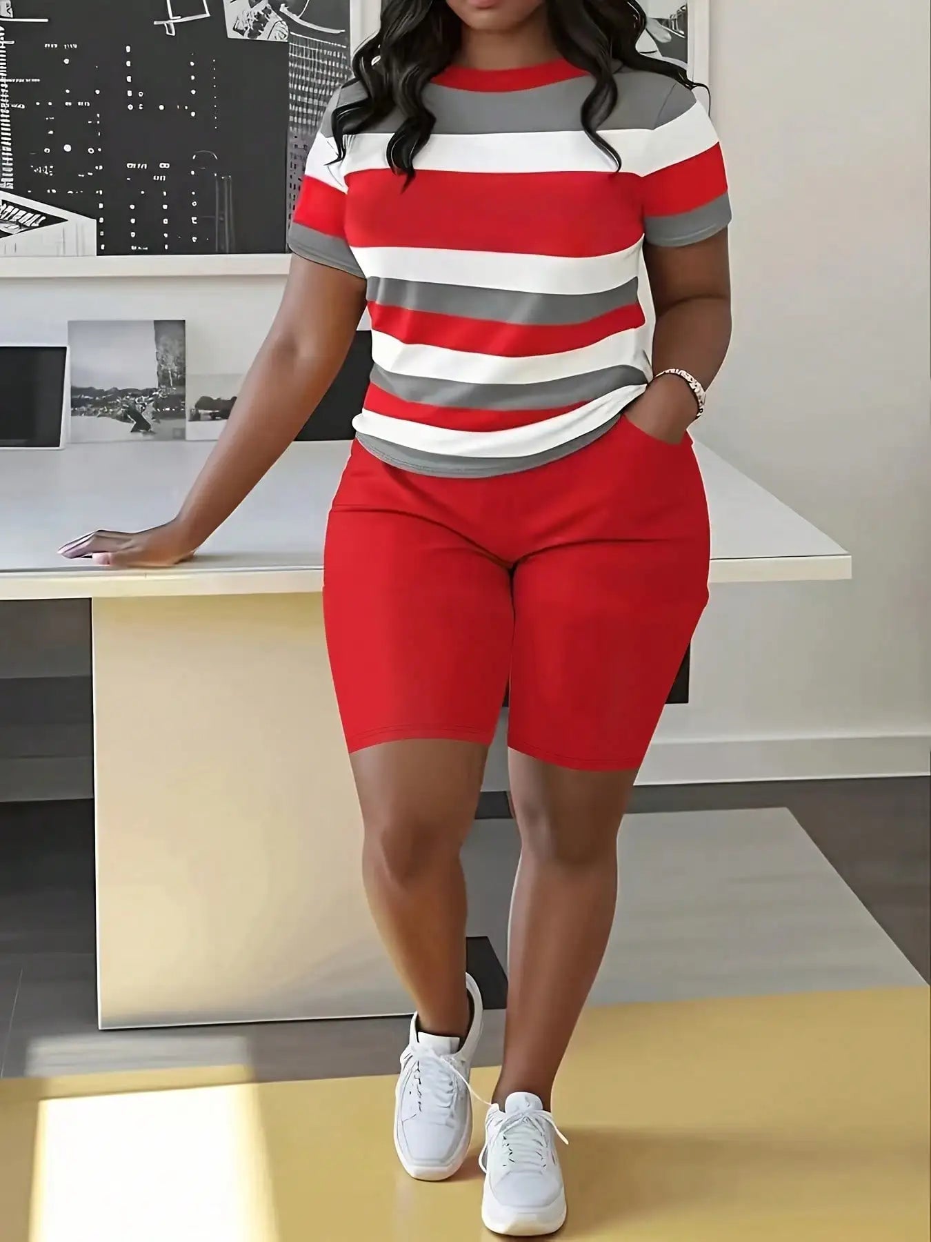 Plus Size Women's Striped Short Sleeve Top & Green Biker Shorts Set, Casual Summer Outfit