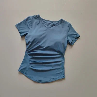 V-neck Tie Breast Pad Yoga Suit Short Sleeve Women's Gym Summer Slim Training Fitness Top Quick Dry Running T-shirt Clothing