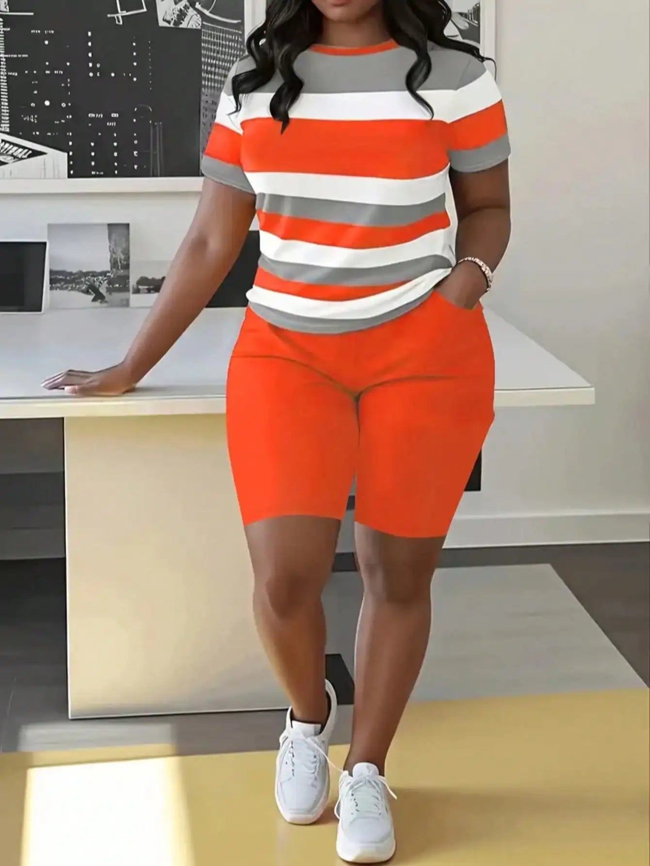 Plus Size Women's Striped Short Sleeve Top & Green Biker Shorts Set, Casual Summer Outfit