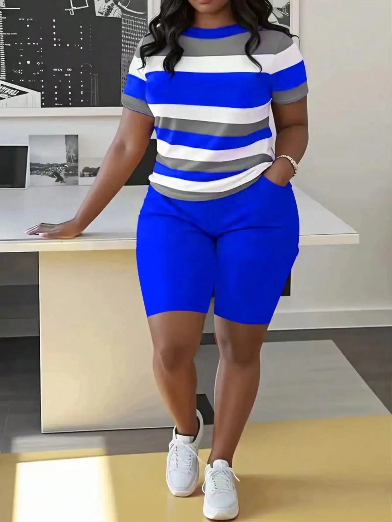 Plus Size Women's Striped Short Sleeve Top & Green Biker Shorts Set, Casual Summer Outfit