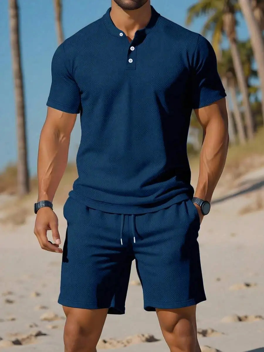 Men's Light Blue Solid Short Sleeve Polo Shirt and Matching Shorts Set, Summer Casual Outfit