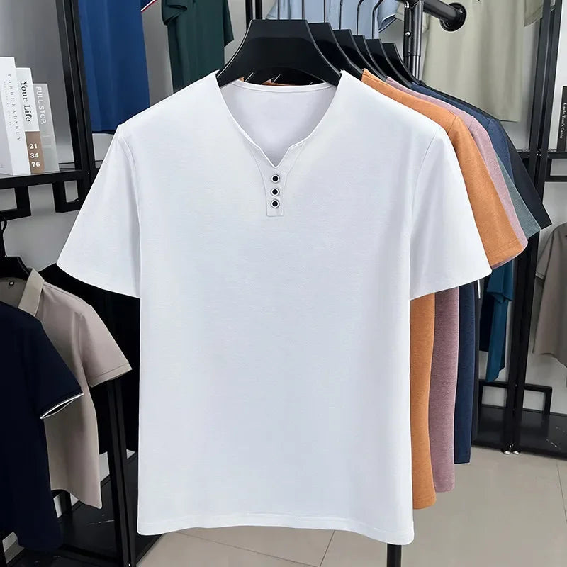 New Men's Casual and Fashionable Three Button V-neck Solid Color Short Sleeved T-shirt Summer Versatile Top