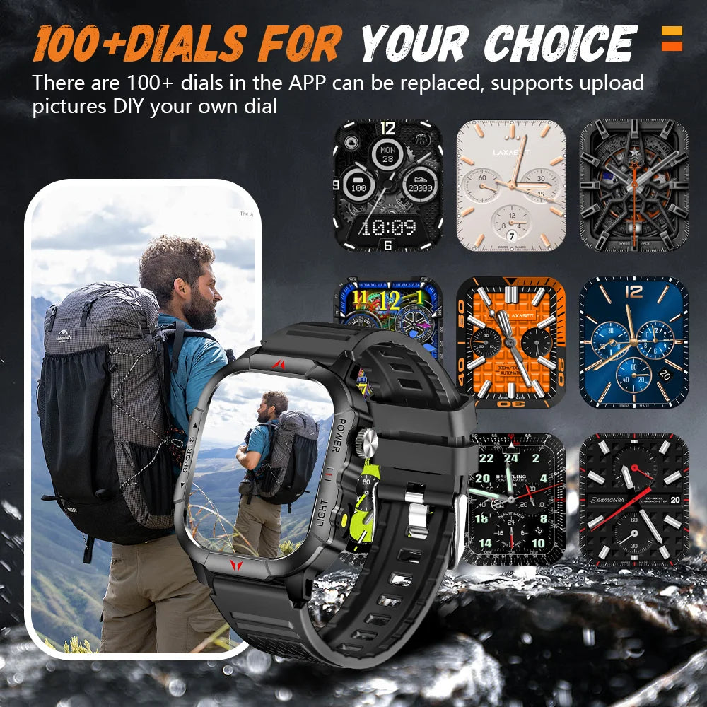 LAXASFIT 2025 New Men Smart Watch LED Flashlight BT Call 100+ Sports Modes Health Monitoring IP68 Waterproof Outdoor Smart Watch