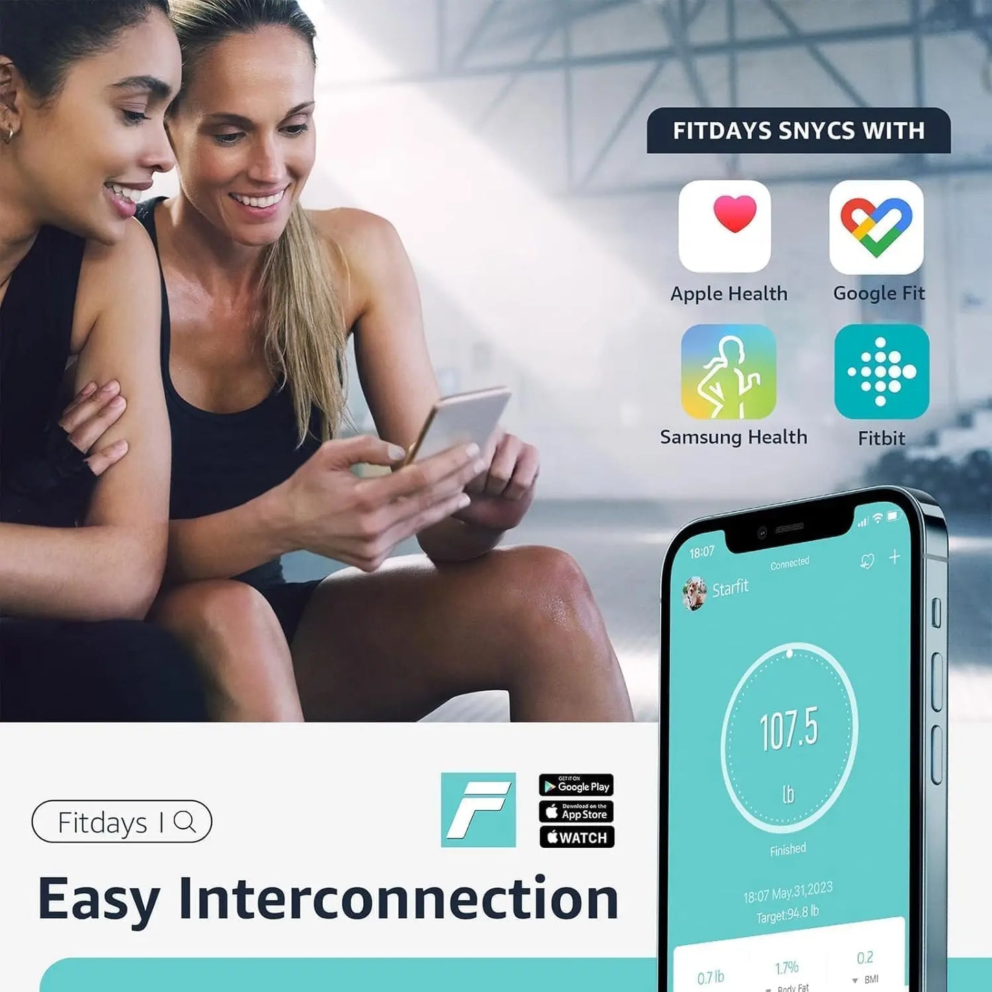 Digital Bathroom Smart Scale, 13 Body Composition Analyzer, Syncs with Apps for BMI Health Monitor up to 400lbs - Black