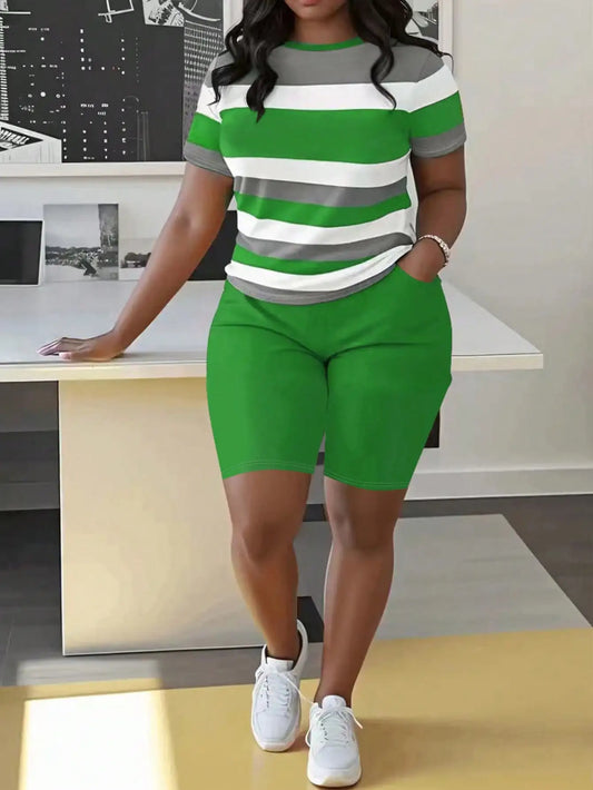 Plus Size Women's Striped Short Sleeve Top & Green Biker Shorts Set, Casual Summer Outfit