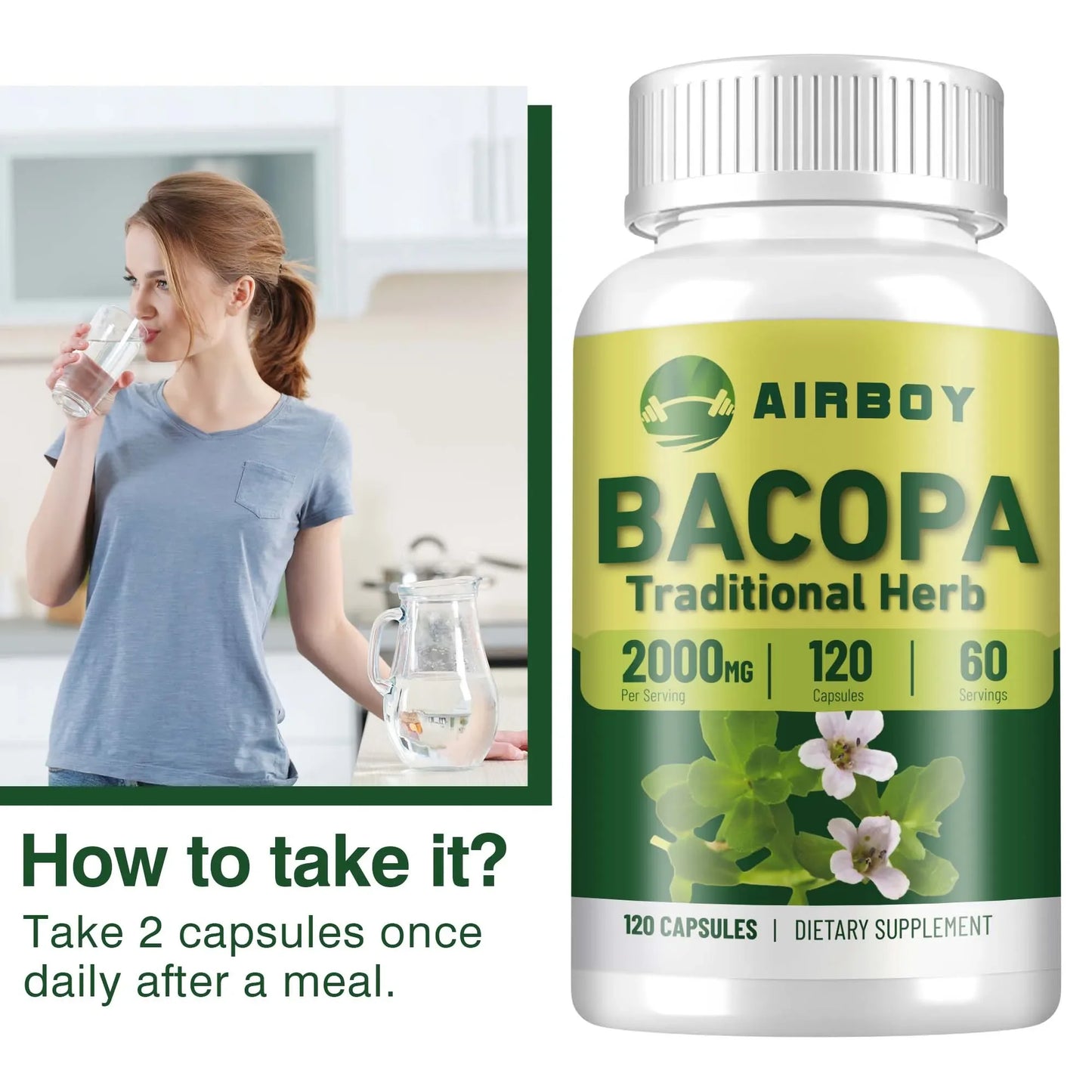 Bacopa Monnieri Extract Supplement - Brain Health Supports Performance Cognition, Enhances Energy & Stamina - 120 Capsules