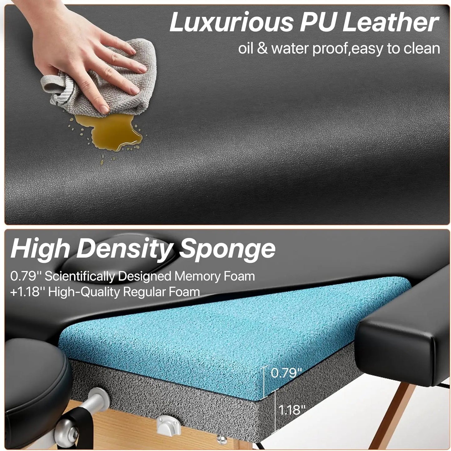 Portable Foldable Massage Table with Memory Foam, Adjustable Height, Easy Setup for Home Salon Spa Tattoo Use