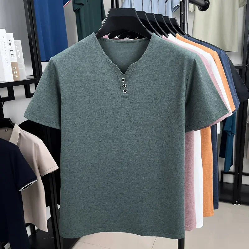 New Men's Casual and Fashionable Three Button V-neck Solid Color Short Sleeved T-shirt Summer Versatile Top
