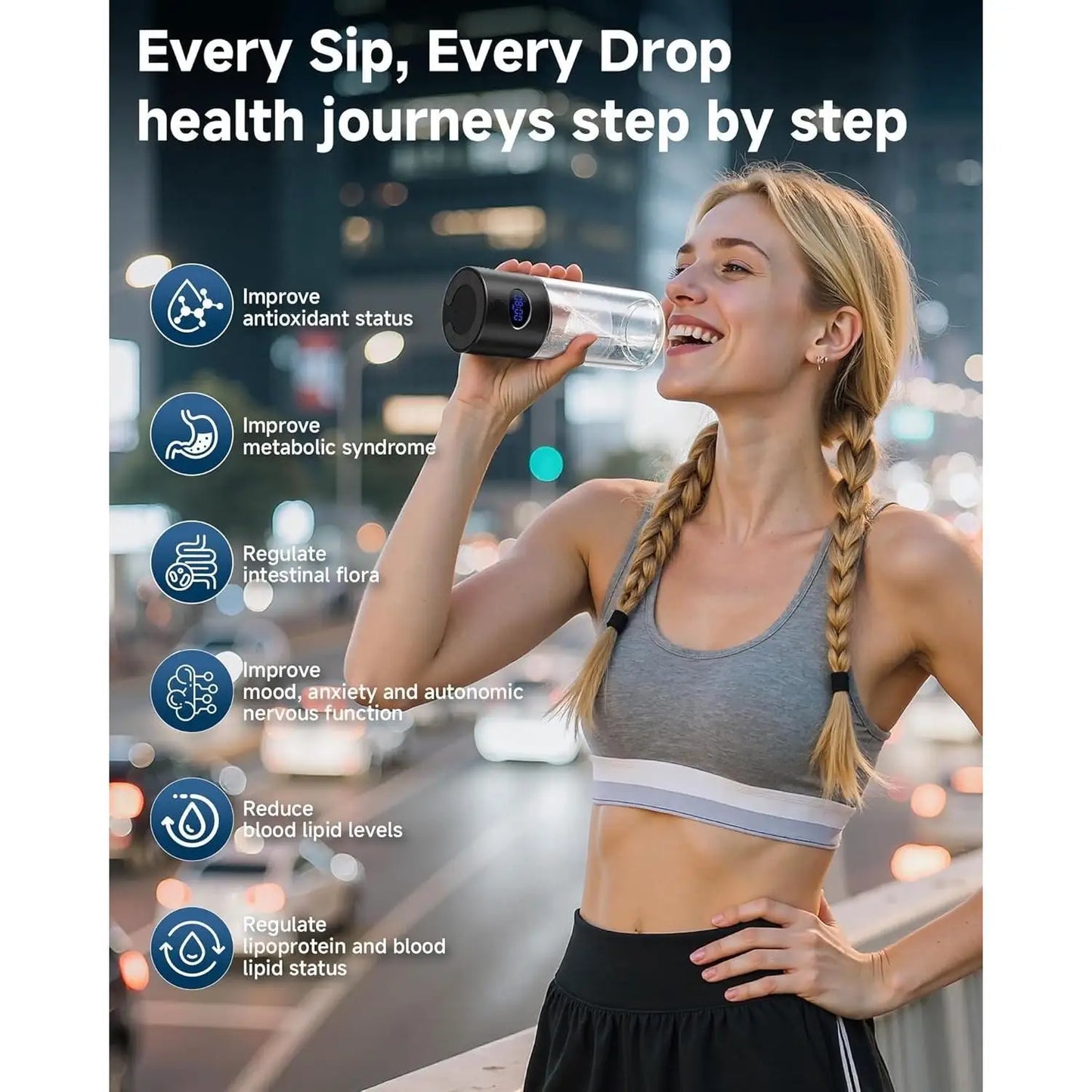 Hydrogen Water Bottle - 5000 PPB in 8 Minutes, Cyclic Mode for 8 Hours, Self Clean, Aluminum & Glass, 360ml Capacity, for Travel