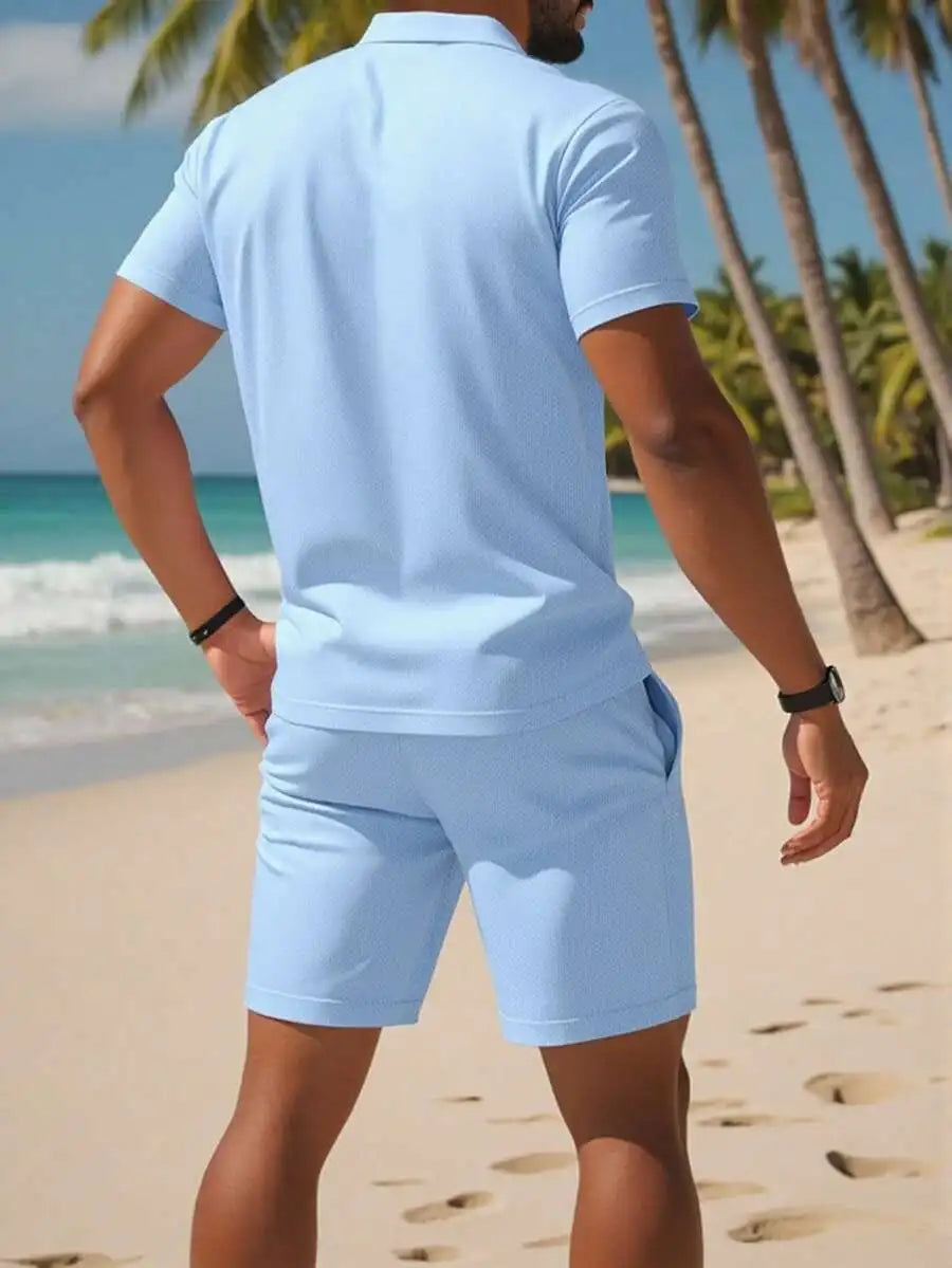 Men's Light Blue Solid Short Sleeve Polo Shirt and Matching Shorts Set, Summer Casual Outfit