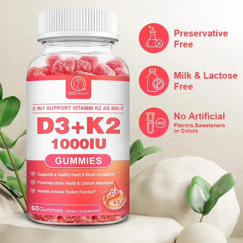 BBEEAAUU Vitamin D3 & Vitamin K2 Supplement Bone Support D3 K2 Gummies Vegan Non-GMO Gluten Free Improves Muscle Function