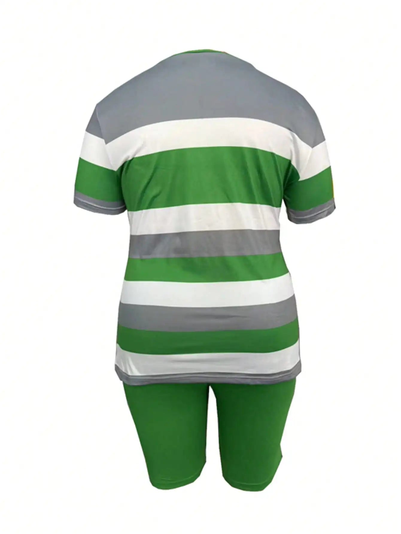 Plus Size Women's Striped Short Sleeve Top & Green Biker Shorts Set, Casual Summer Outfit