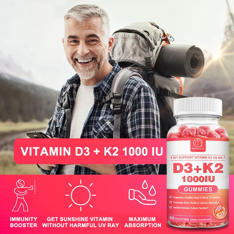 BBEEAAUU Vitamin D3 & Vitamin K2 Supplement Bone Support D3 K2 Gummies Vegan Non-GMO Gluten Free Improves Muscle Function