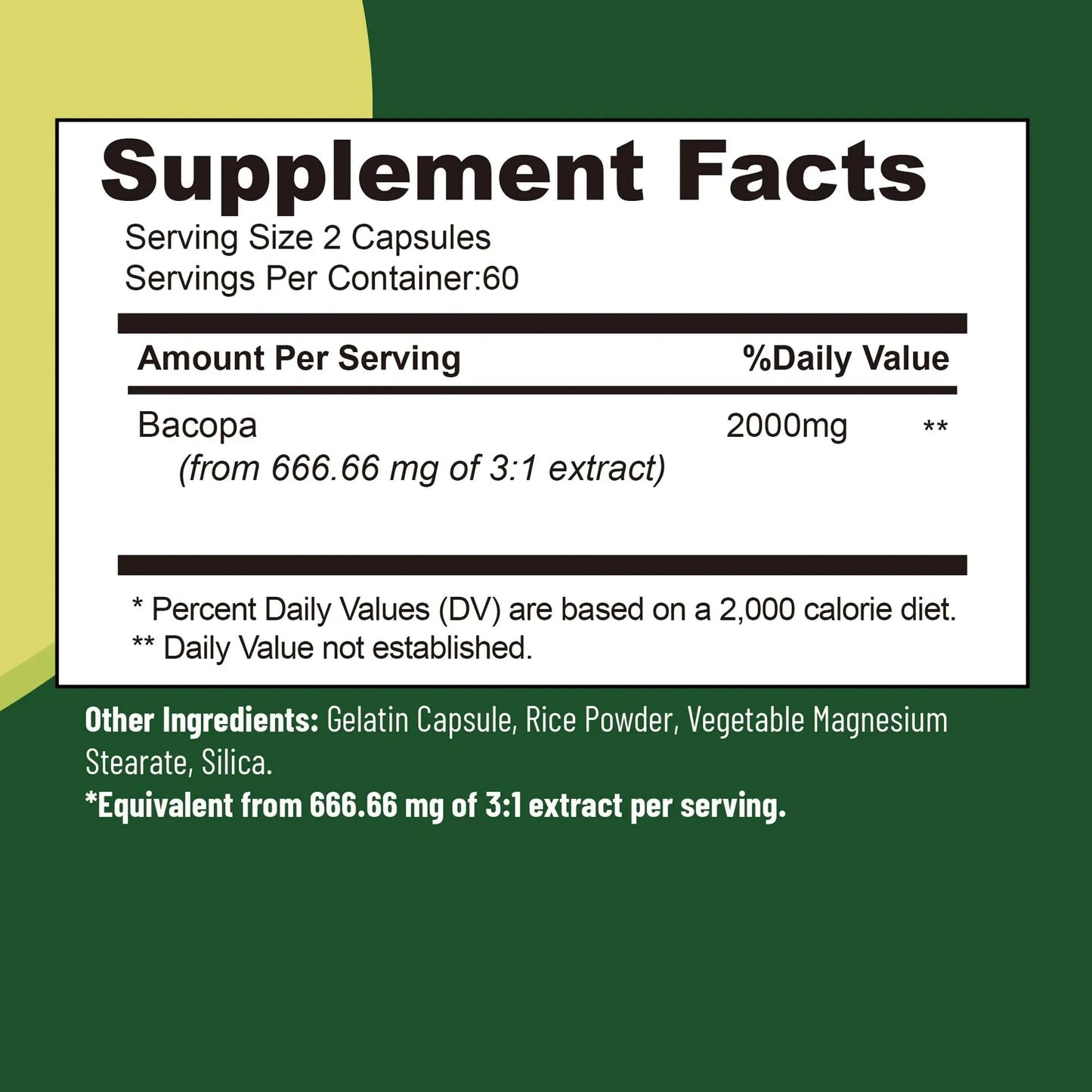 Bacopa Monnieri Extract Supplement - Brain Health Supports Performance Cognition, Enhances Energy & Stamina - 120 Capsules