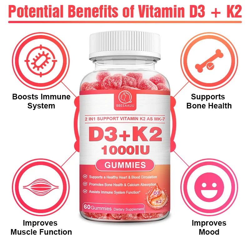 BBEEAAUU Vitamin D3 & Vitamin K2 Supplement Bone Support D3 K2 Gummies Vegan Non-GMO Gluten Free Improves Muscle Function