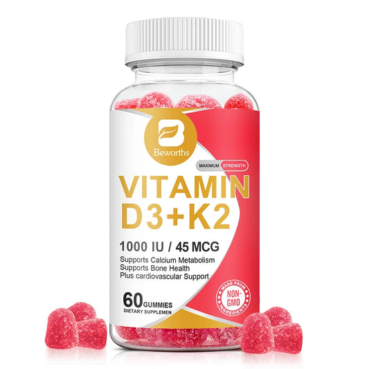 BEWORTHS 60PCS Vitamin D3+K2 Gummies 1000 IU Vitamin D3 + 45 Mcg Vitamin K2 for Bone Health Promotes Healthy Muscle Function
