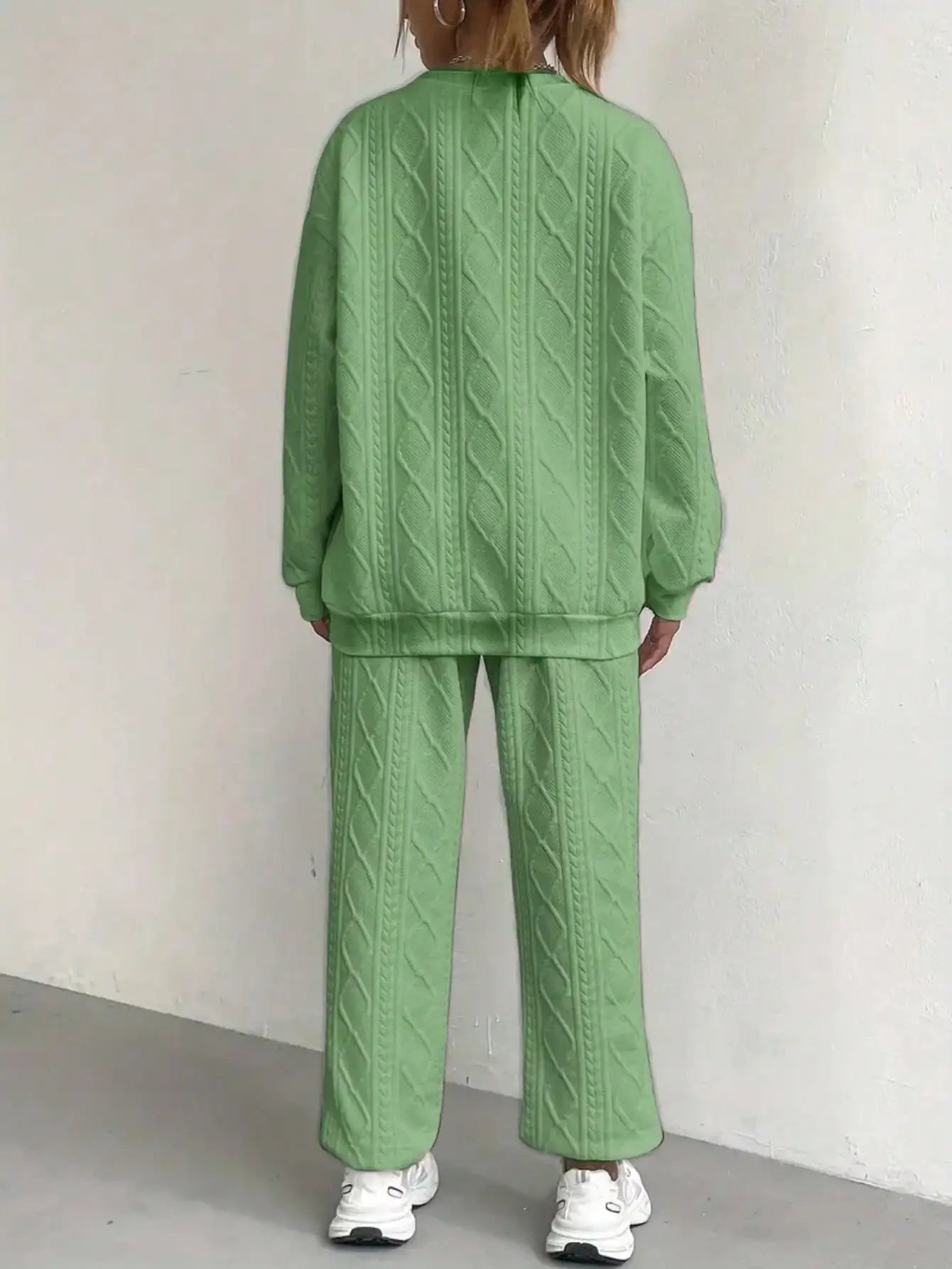 Mint Green Textured Knit Pullover Set with Loose Fit for Women, Casual Comfort Wear