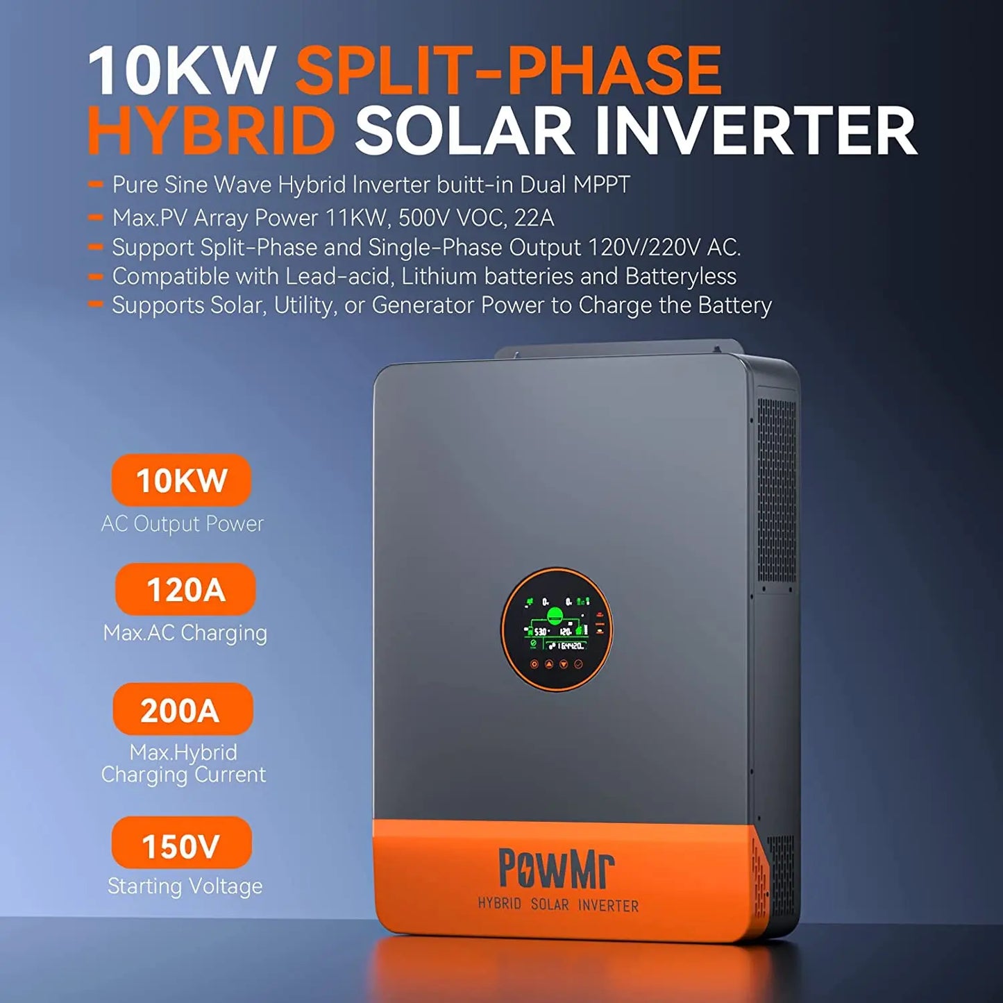 PowMr Split-Phase 48V 10KW Hybrid Inverter 120/240V AC With 200A MPPT Solar Controller Max PV 500V Fit Lithium Battery Home Use