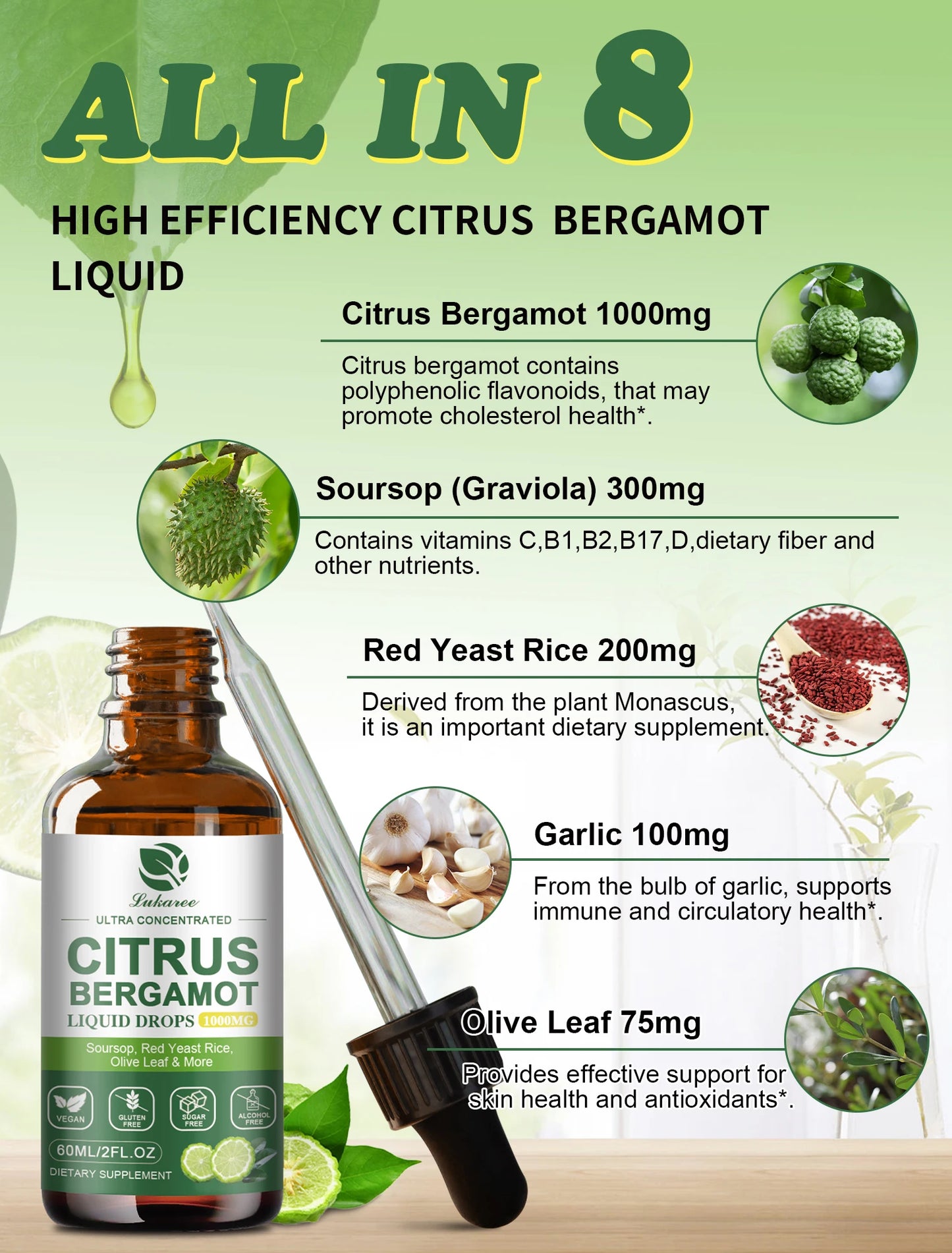 Citrus Bergamot Liquid Drops Natural Supplement with Soursop,Red Yeast Rice,Olive Leaf, High Absorption Support Overall Wellness