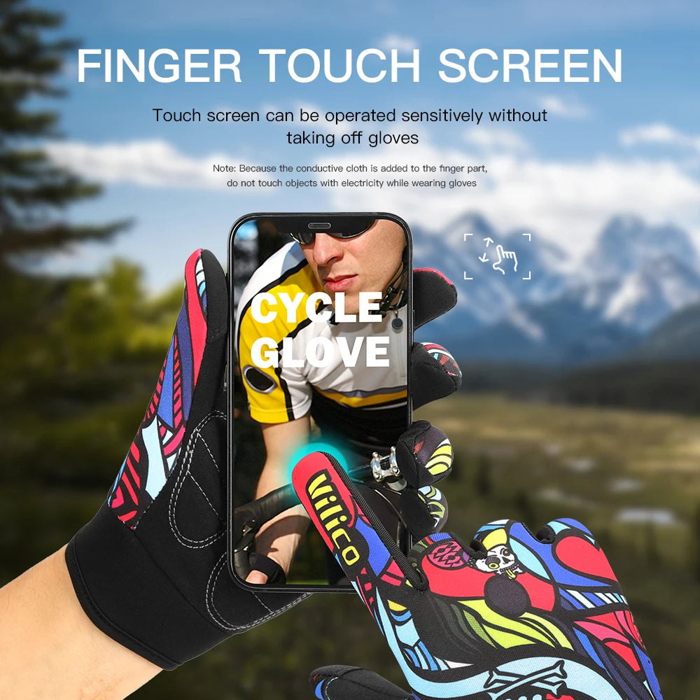 Print Cycling Gloves Bike Bicycle Sports Full Finger Hiking Gloves Mesh Winter Gloves Women