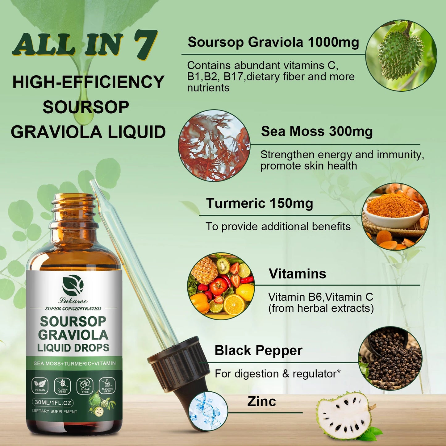 30ML Soursop Graviola Extract Drops Support Immunity and Digestion ,Metabolism Health, Detox and Antioxidation Gluten-Free